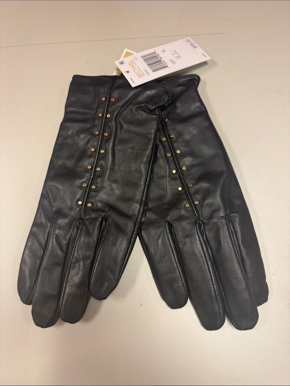 Michael Kors Black Leather Women's Gloves with Gold Studs Xl